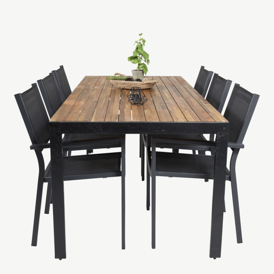 Bois ristkülikukujuline akaatsiapuidust aiamööbli komplekt mustade alumiiniumtoolidega, GR18369 – 4