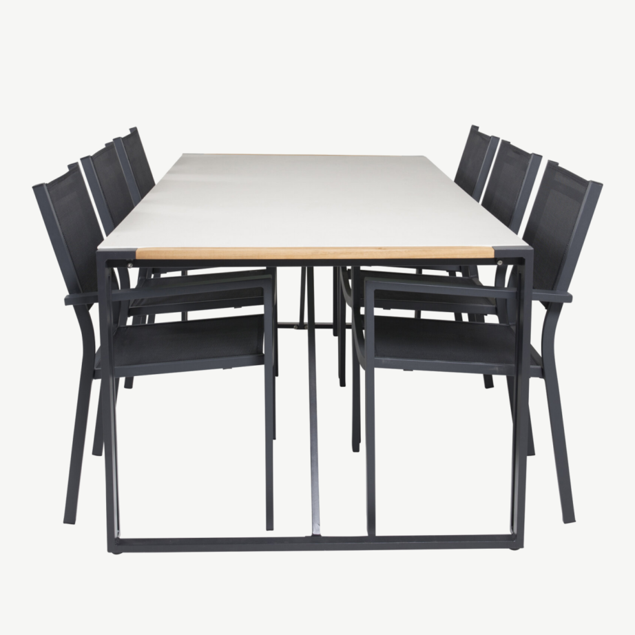 Texas ristkülikukujuline klaasist aiakomplekt tiigipuust detailidega, 6 musta Copacabana tooliga, GR18388 – 2