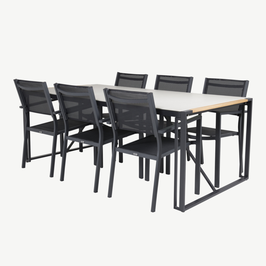 Texas ristkülikukujuline klaasist aiakomplekt tiigipuust detailidega, 6 musta Copacabana tooliga, GR18388