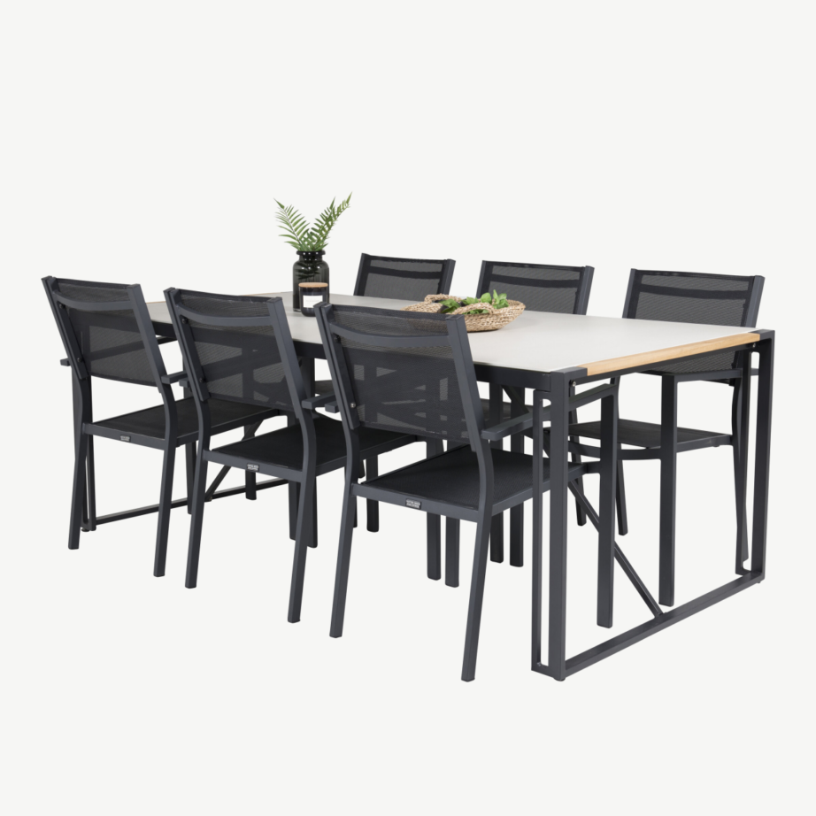 Texas ristkülikukujuline klaasist aiakomplekt tiigipuust detailidega, 6 musta Copacabana tooliga, GR18388 – 4