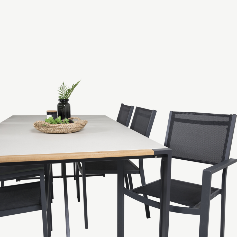 Texas ristkülikukujuline klaasist aiakomplekt tiigipuust detailidega, 6 musta Copacabana tooliga, GR18388 – 5