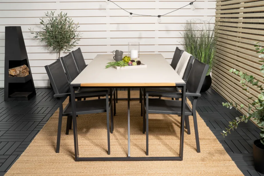 Texas ristkülikukujuline klaasist aiakomplekt tiigipuust detailidega, 6 musta Copacabana tooliga, GR18388 – 6