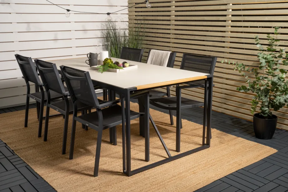 Texas ristkülikukujuline klaasist aiakomplekt tiigipuust detailidega, 6 musta Copacabana tooliga, GR18388 – 7