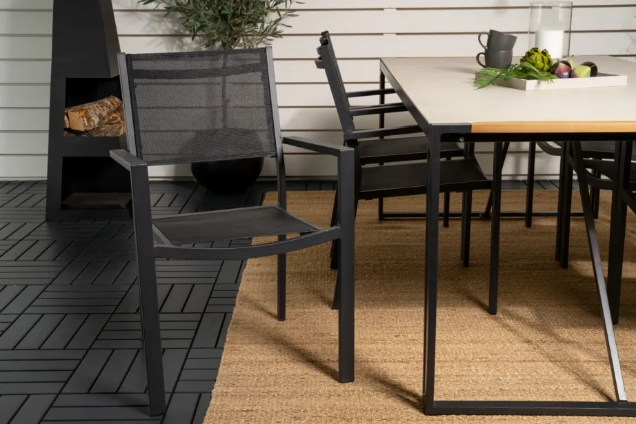 Texas ristkülikukujuline klaasist aiakomplekt tiigipuust detailidega, 6 musta Copacabana tooliga, GR18388 – 9