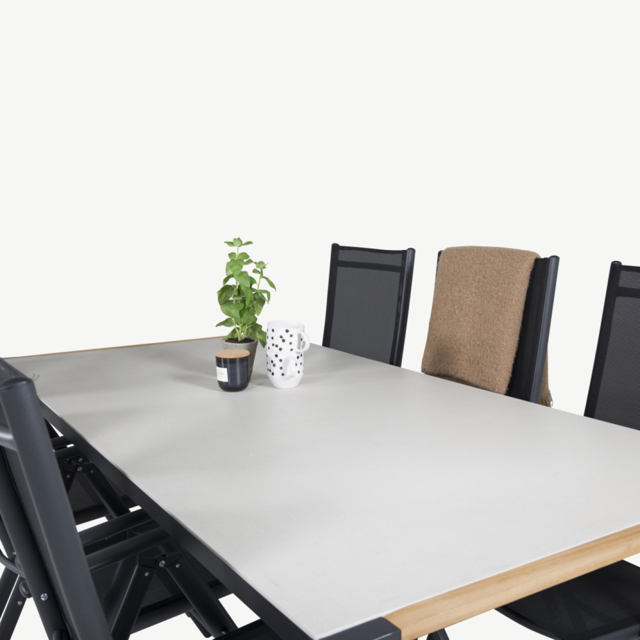 Texas ristkülikukujuline söögilaud (klaasist lauaplaat, must alumiinium, tiigipuust serv), GR18391 – 6