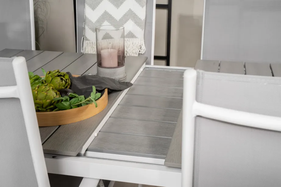 Pikendatav aiamööblikomplekt Levels (puitplastkomposiit, hall/valge) ja reguleeritavad toolid Break (alumiinium, hall/valge), GR18458 – 10