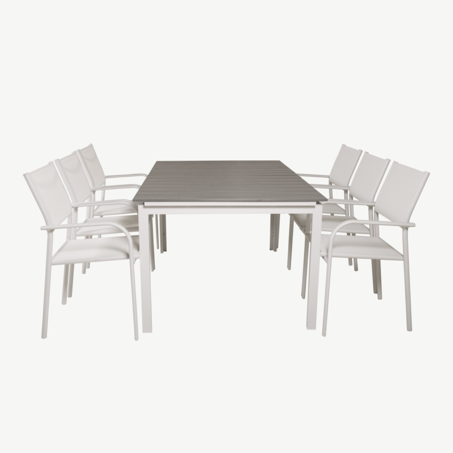 Pikendatav hall-valge aiamööblikomplekt Levels (6 valget Santorini tooli, puitplastkomposiit), GR18461 – 2