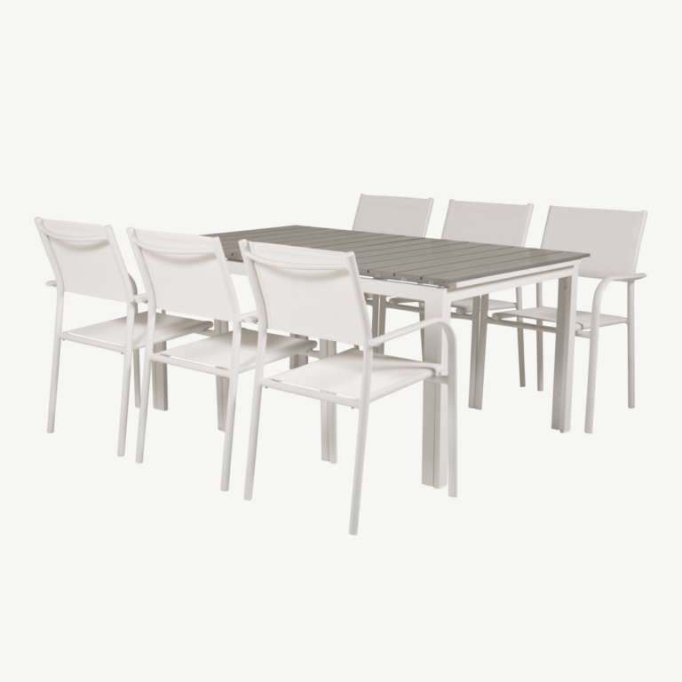 Pikendatav hall-valge aiamööblikomplekt Levels (6 valget Santorini tooli, puitplastkomposiit) - GR18461