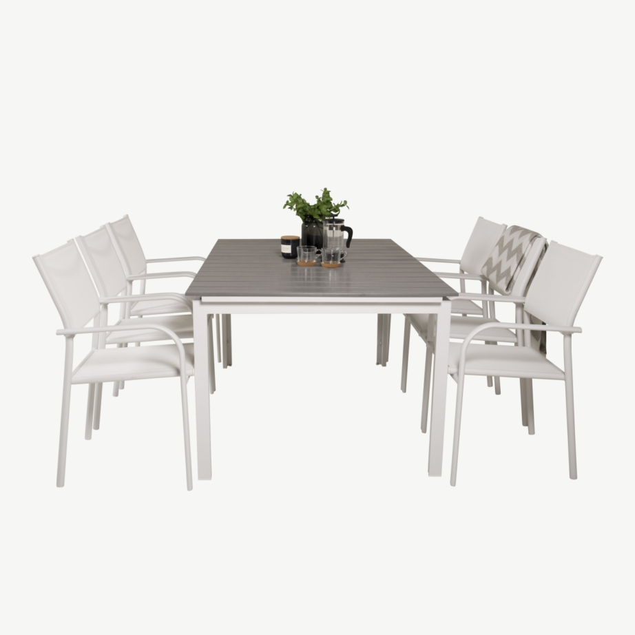 Pikendatav hall-valge aiamööblikomplekt Levels (6 valget Santorini tooli, puitplastkomposiit), GR18461 – 3