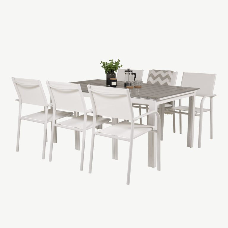 Pikendatav hall-valge aiamööblikomplekt Levels (6 valget Santorini tooli, puitplastkomposiit) - GR18461