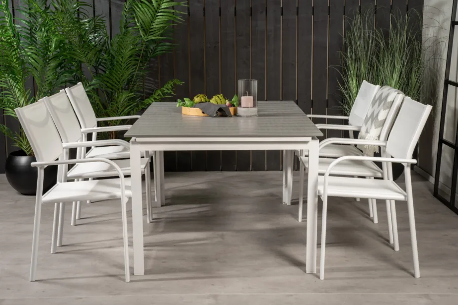 Pikendatav hall-valge aiamööblikomplekt Levels (6 valget Santorini tooli, puitplastkomposiit), GR18461 – 6