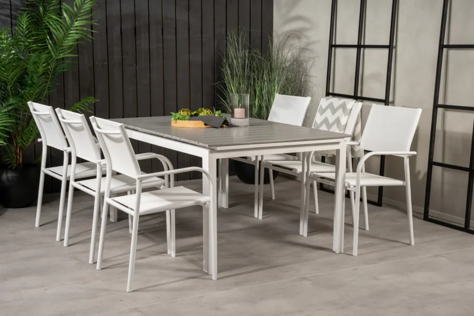 Pikendatav hall-valge aiamööblikomplekt Levels (6 valget Santorini tooli, puitplastkomposiit), GR18461 – 7