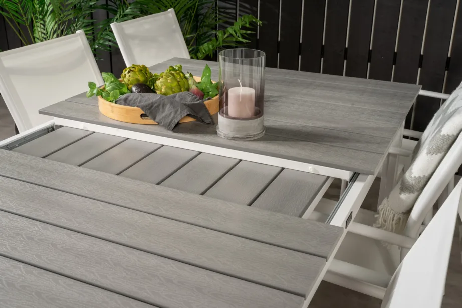 Pikendatav hall-valge aiamööblikomplekt Levels (6 valget Santorini tooli, puitplastkomposiit), GR18461 – 9