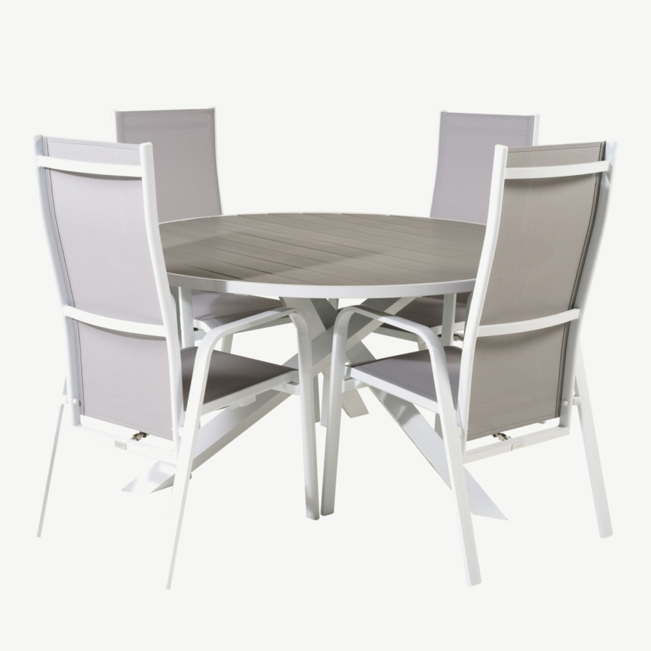 Parma ümmargune aiamööblikomplekt hallist WPC-st lauaga ja valge-hallide Copacabana toolidega, GR18499