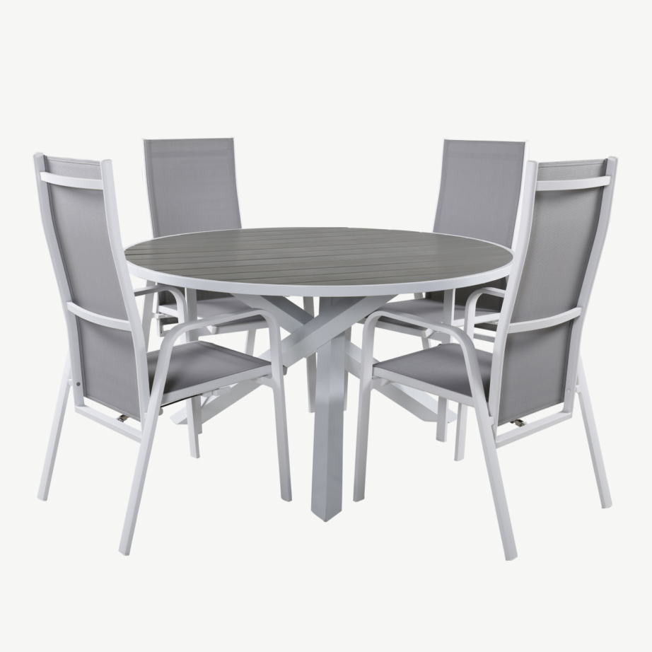 Parma ümmargune aiamööblikomplekt hallist WPC-st lauaga ja valge-hallide Copacabana toolidega, GR18499 – 2