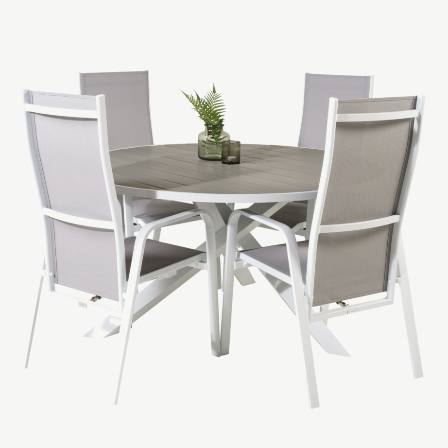 Parma ümmargune aiamööblikomplekt hallist WPC-st lauaga ja valge-hallide Copacabana toolidega, GR18499 – 3