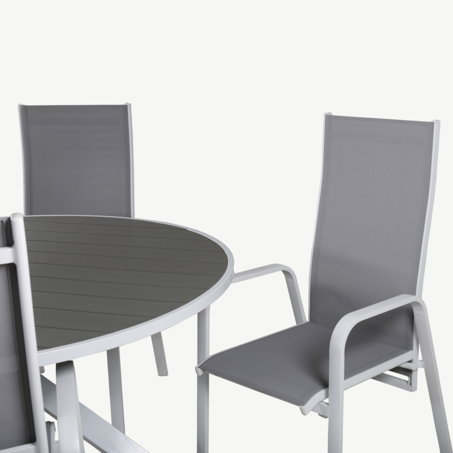 Parma ümmargune aiamööblikomplekt hallist WPC-st lauaga ja valge-hallide Copacabana toolidega, GR18499 – 4