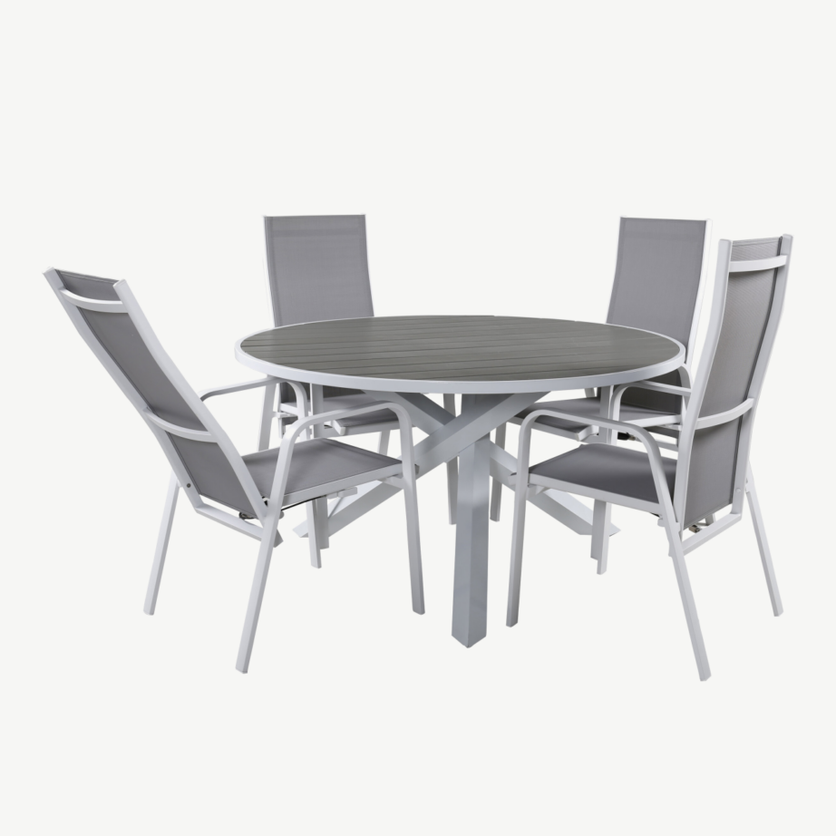 Parma ümmargune aiamööblikomplekt hallist WPC-st lauaga ja valge-hallide Copacabana toolidega, GR18499 – 5
