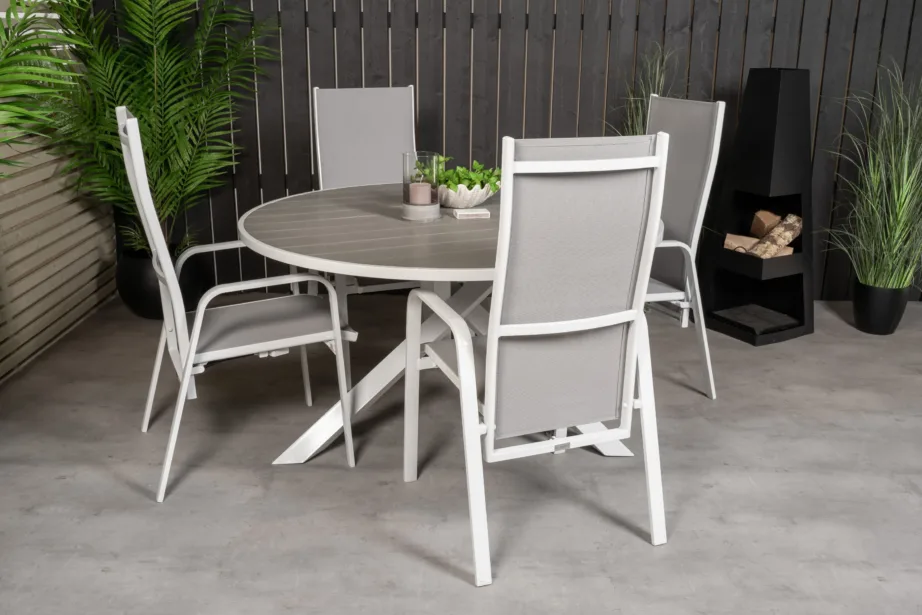 Parma ümmargune aiamööblikomplekt hallist WPC-st lauaga ja valge-hallide Copacabana toolidega, GR18499 – 6