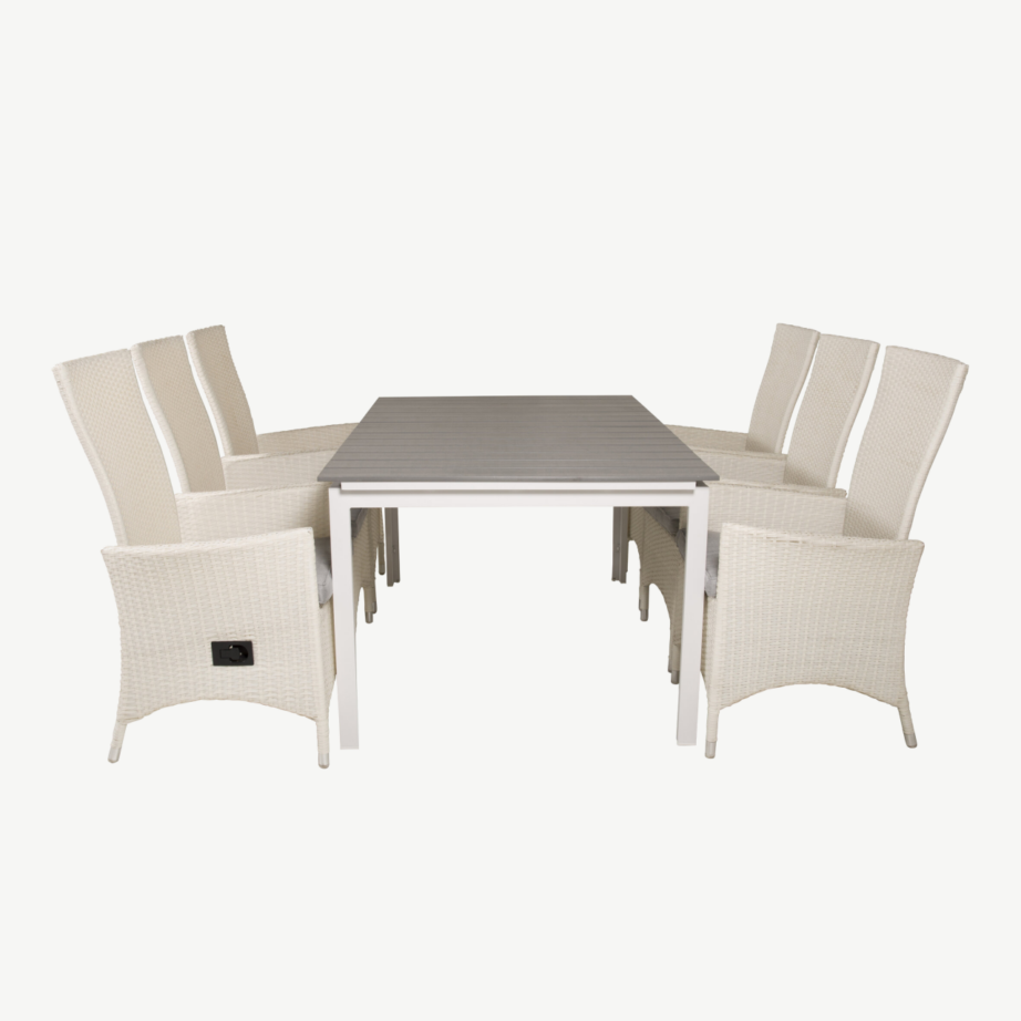 Pikendatav hall aiamööbli komplekt Levels – hall söögilaud ja reguleeritavad valged Padova toolid, GR18598 – 2