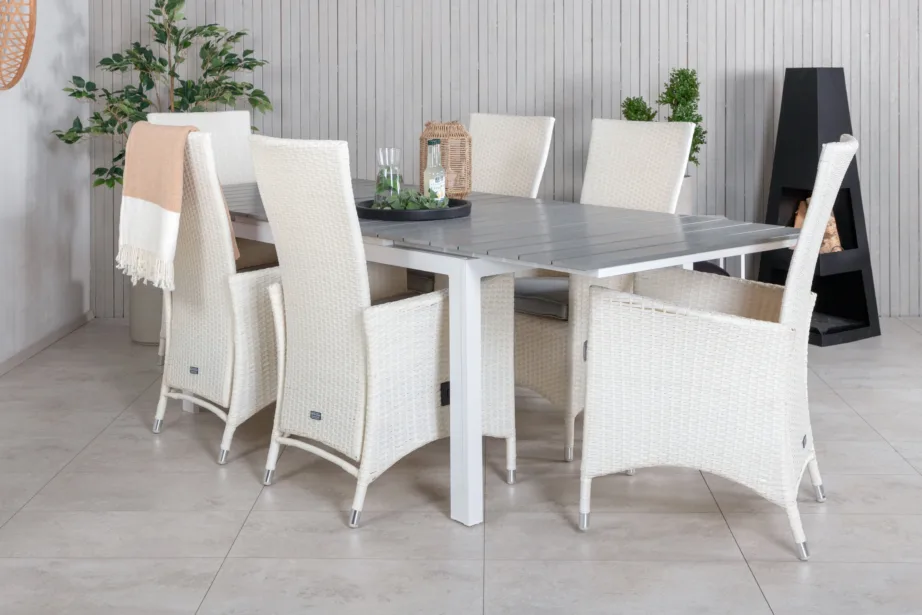 Pikendatav hall aiamööbli komplekt Levels – hall söögilaud ja reguleeritavad valged Padova toolid, GR18598 – 6