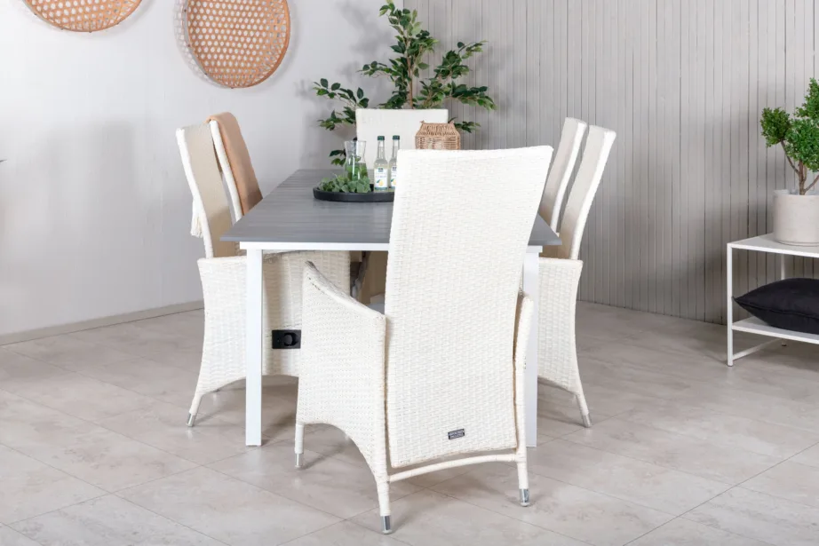 Pikendatav hall aiamööbli komplekt Levels – hall söögilaud ja reguleeritavad valged Padova toolid, GR18598 – 8