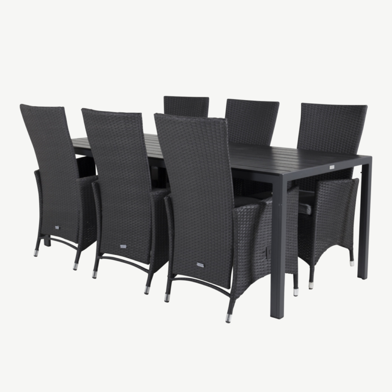 Must alumiiniumist välimööbli söögikomplekt Break (laud 205x90 cm, 8 rotangist käetugedega tooli) - GR18627