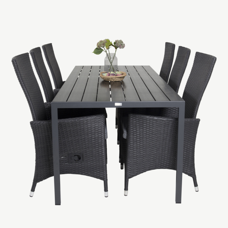 Must alumiiniumist välimööbli söögikomplekt Break (laud 205x90 cm, 8 rotangist käetugedega tooli) - GR18627