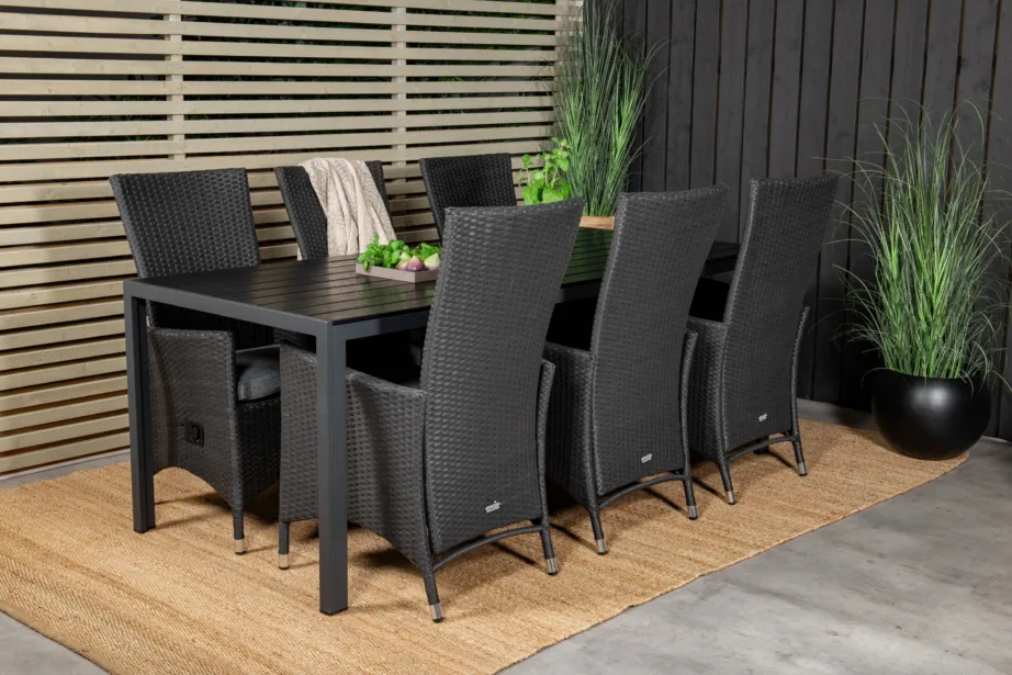 Must alumiiniumist välimööbli söögikomplekt Break (laud 205×90 cm, 8 rotangist käetugedega tooli), GR18627 – 8