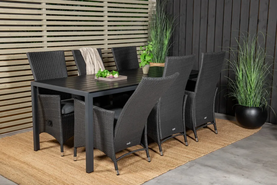 Must alumiiniumist välimööbli söögikomplekt Break (laud 205×90 cm, 8 rotangist käetugedega tooli), GR18627 – 9