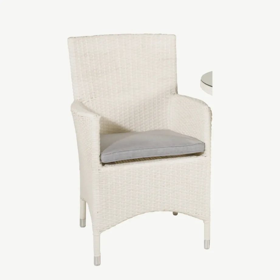 Valgest kunstrotangist ümmargune aiamööblikomplekt Volta klaasist lauaplaadiga (tugitoolid patjadega), GR18730 – 2