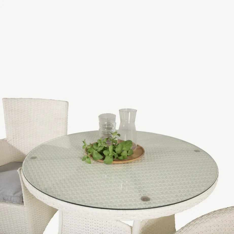 Valgest kunstrotangist ümmargune aiamööblikomplekt Volta klaasist lauaplaadiga (tugitoolid patjadega), GR18730 – 3