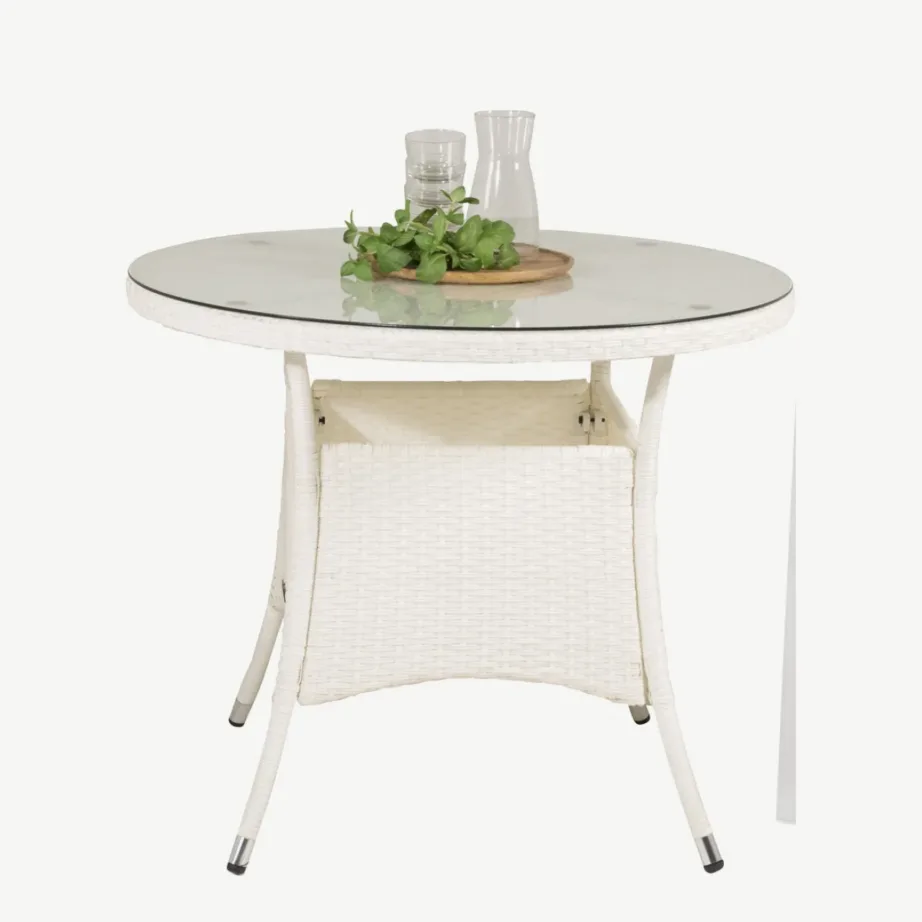 Ümmargune välimööblikomplekt Volta klaaslaua, alumiiniumi ja valge tiigipuu detailidega, GR18731 – 2