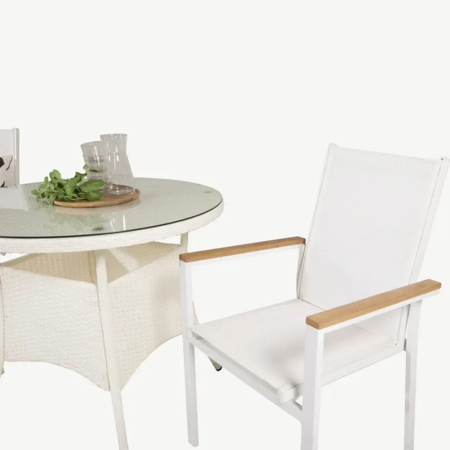 Ümmargune välimööblikomplekt Volta klaaslaua, alumiiniumi ja valge tiigipuu detailidega, GR18731 – 4