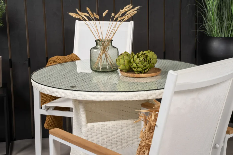 Ümmargune välimööblikomplekt Volta klaaslaua, alumiiniumi ja valge tiigipuu detailidega, GR18731 – 5