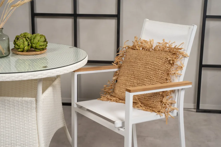 Ümmargune välimööblikomplekt Volta klaaslaua, alumiiniumi ja valge tiigipuu detailidega, GR18731 – 6