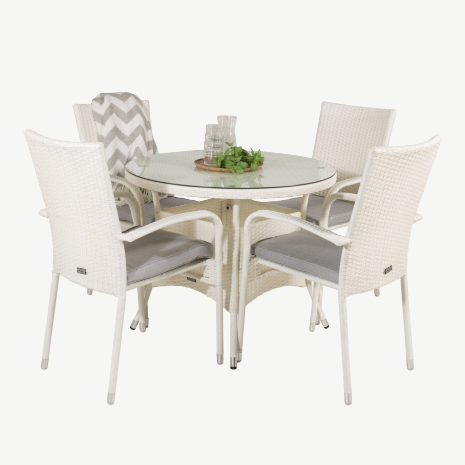 Volta ümmargune valge aiamööblikomplekt (klaasist laud, rotangtoolid, ø90 cm), GR18732 – 2