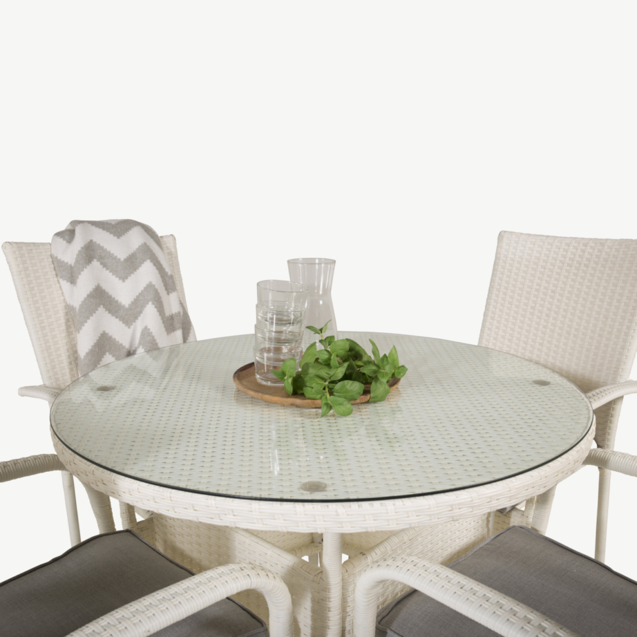 Volta ümmargune valge aiamööblikomplekt (klaasist laud, rotangtoolid, ø90 cm), GR18732 – 3