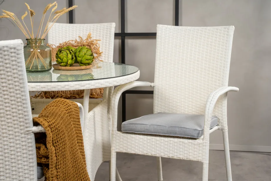 Volta ümmargune valge aiamööblikomplekt (klaasist laud, rotangtoolid, ø90 cm), GR18732 – 7