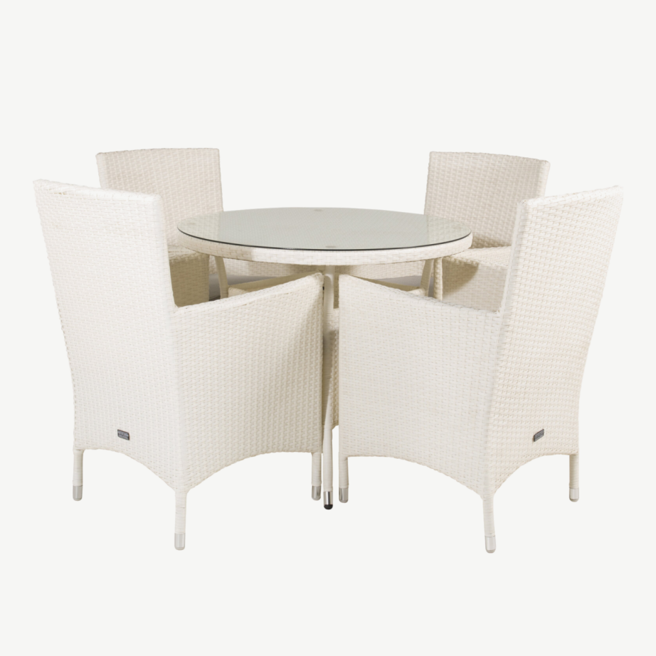 Volta ümmargune klaasplaadiga aiamööblikomplekt, valge polürotang (1 laud ja 4 tugitooli polstritega), GR18734