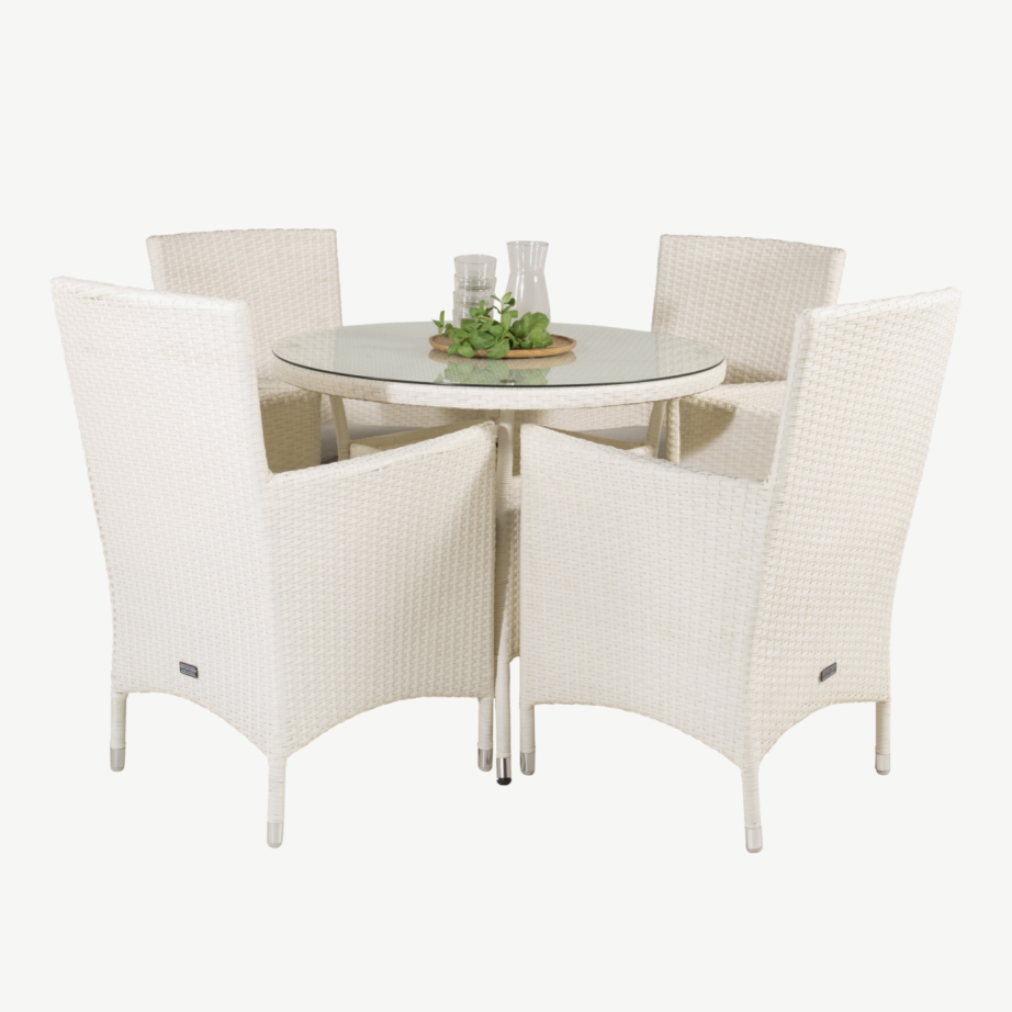 Volta ümmargune klaasplaadiga aiamööblikomplekt, valge polürotang (1 laud ja 4 tugitooli polstritega), GR18734 – 2