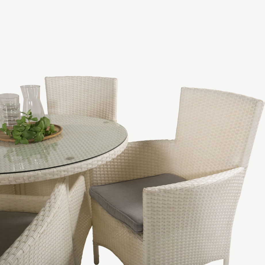 Volta ümmargune klaasplaadiga aiamööblikomplekt, valge polürotang (1 laud ja 4 tugitooli polstritega), GR18734 – 3