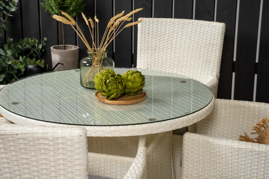 Volta ümmargune klaasplaadiga aiamööblikomplekt, valge polürotang (1 laud ja 4 tugitooli polstritega), GR18734 – 5