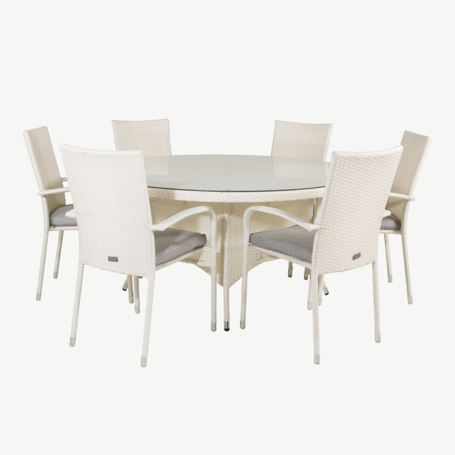 Volta ümmargune valge aiamööbli komplekt (klaasist söögilaud ø150 cm ja virnastatavad toolid Anna), GR18736 – 2