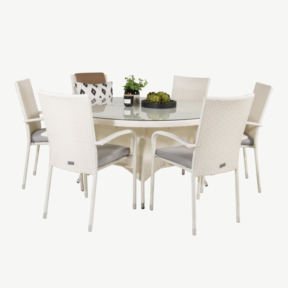 Volta ümmargune valge aiamööbli komplekt (klaasist söögilaud ø150 cm ja virnastatavad toolid Anna), GR18736