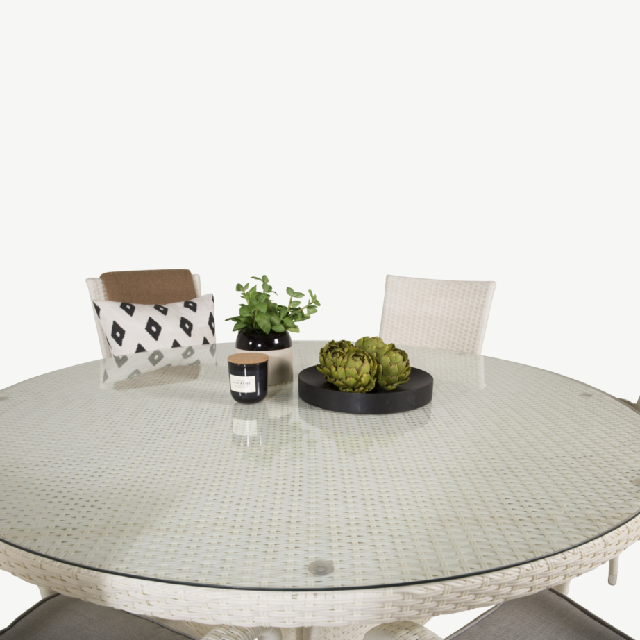 Volta ümmargune valge aiamööbli komplekt (klaasist söögilaud ø150 cm ja virnastatavad toolid Anna), GR18736 – 3