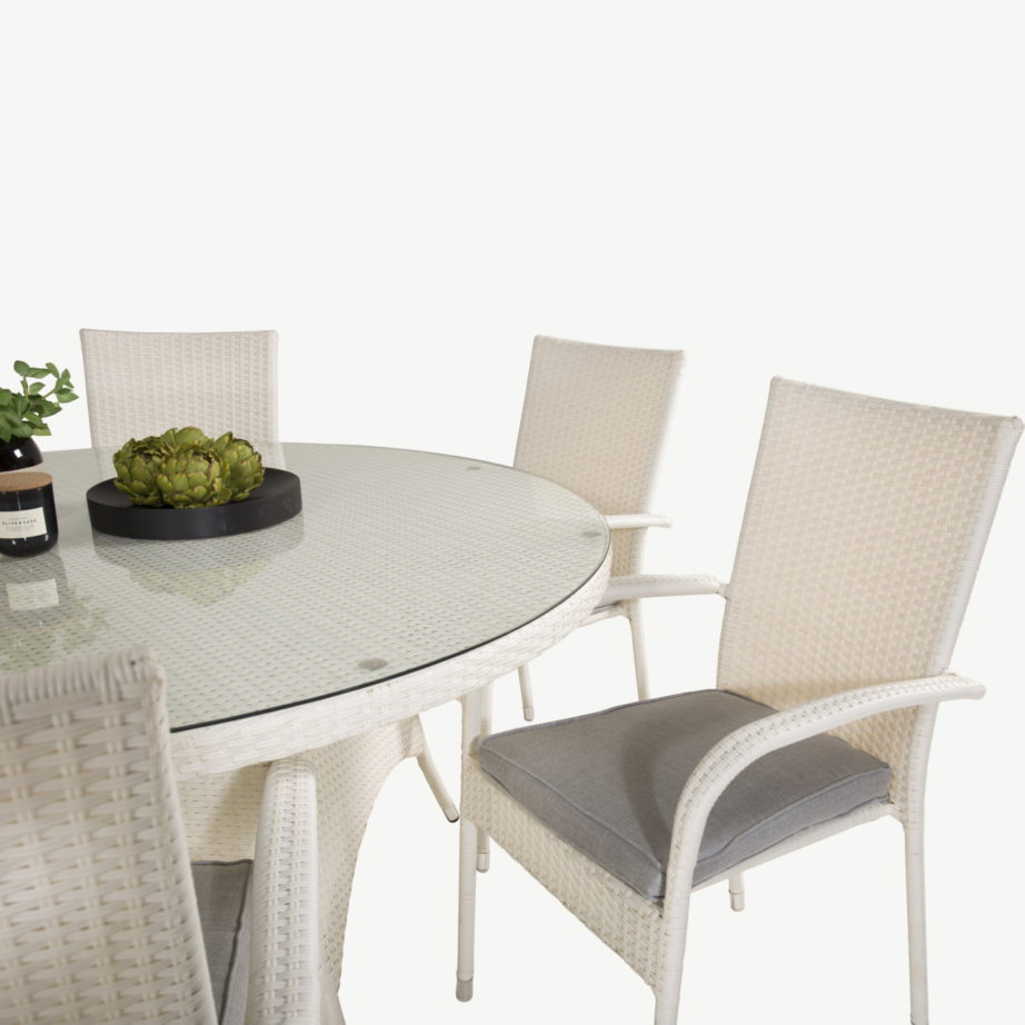 Volta ümmargune valge aiamööbli komplekt (klaasist söögilaud ø150 cm ja virnastatavad toolid Anna), GR18736 – 4