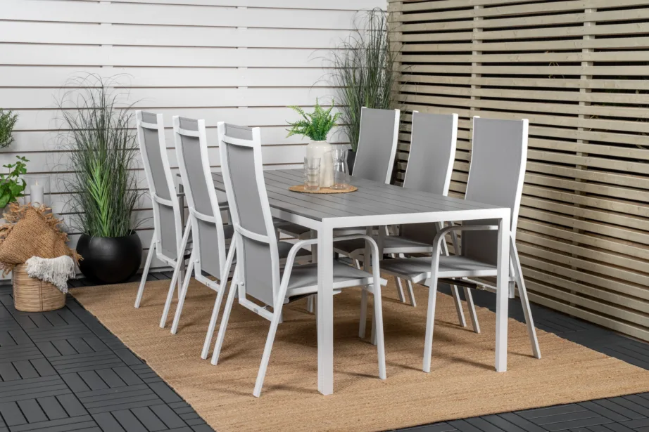 Break söögigrupi komplekt terrassile (hall aintwood laud, 6 reguleeritavat tooli, valge alumiiniumraam), GR18748 – 8