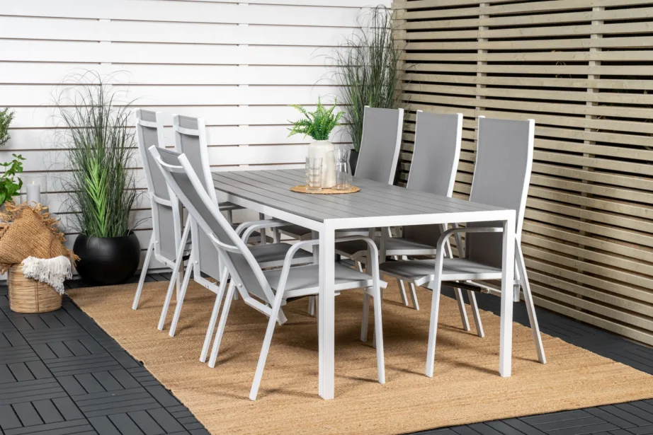 Break söögigrupi komplekt terrassile (hall aintwood laud, 6 reguleeritavat tooli, valge alumiiniumraam), GR18748 – 9