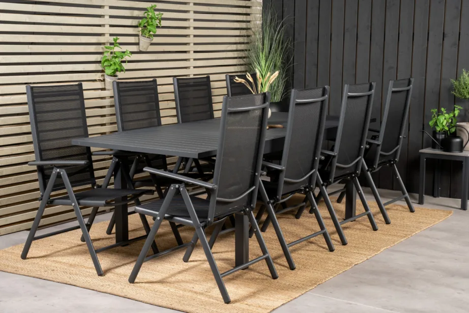Must alumiiniumist ristkülikukujuline aiamööblikomplekt Marbella (laud + 8 reguleeritavat tooli), GR18826 – 8
